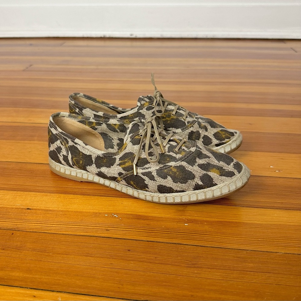 Charlotte Olympia 37.5 7.5 Leopard Print Linen Maria Sneaker Lace‎ Up Flat Shoes